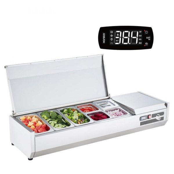 Refrigeration & Ice Equipment | Refrigerated Condiment Prep Station, 140 W Countertop Refrigerated Condiment Station, with 3 1/3 Pans & 4 1/6 Pans, 304 Stainless Body and PC Lid, Sandwich Prep Table with Stainless Guard, ETL Refrigeration & Ice Equipment Refrigeration & Ice Equipment