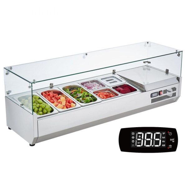 Refrigeration & Ice Equipment | Refrigerated Condiment Prep Station, 140 W Countertop Refrigerated Condiment Station, with 3 1/3 Pans & 4 1/6 Pans, 304 Stainless Body and PC Lid, Sandwich Prep Table with Glass Guard, ETL Refrigeration & Ice Equipment