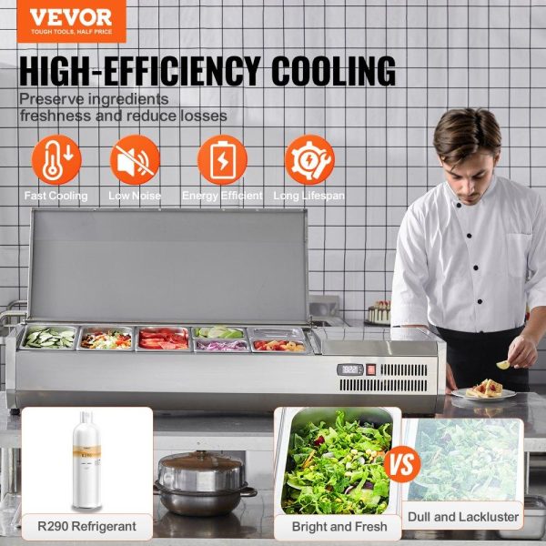 Refrigeration & Ice Equipment | Refrigerated Condiment Prep Station, 140 W Countertop Refrigerated Condiment Station, with 3 1/3 Pans & 4 1/6 Pans, 304 Stainless Body and PC Lid, Sandwich Prep Table with Stainless Guard, ETL Refrigeration & Ice Equipment Refrigeration & Ice Equipment