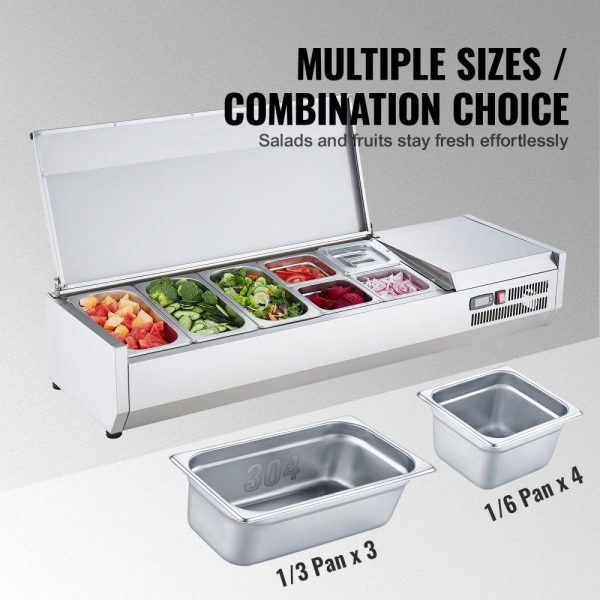 Refrigeration & Ice Equipment | Refrigerated Condiment Prep Station, 140 W Countertop Refrigerated Condiment Station, with 3 1/3 Pans & 4 1/6 Pans, 304 Stainless Body and PC Lid, Sandwich Prep Table with Stainless Guard, ETL Refrigeration & Ice Equipment Refrigeration & Ice Equipment