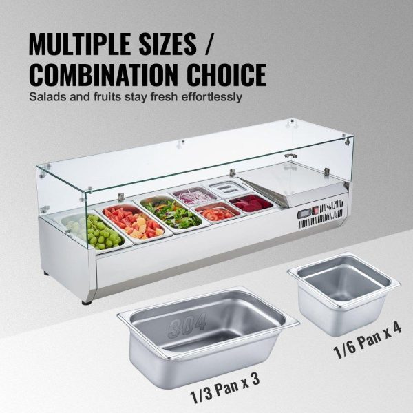 Refrigeration & Ice Equipment | Refrigerated Condiment Prep Station, 140 W Countertop Refrigerated Condiment Station, with 3 1/3 Pans & 4 1/6 Pans, 304 Stainless Body and PC Lid, Sandwich Prep Table with Glass Guard, ETL Refrigeration & Ice Equipment