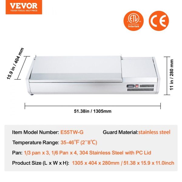 Refrigeration & Ice Equipment | Refrigerated Condiment Prep Station, 140 W Countertop Refrigerated Condiment Station, with 3 1/3 Pans & 4 1/6 Pans, 304 Stainless Body and PC Lid, Sandwich Prep Table with Stainless Guard, ETL Refrigeration & Ice Equipment Refrigeration & Ice Equipment