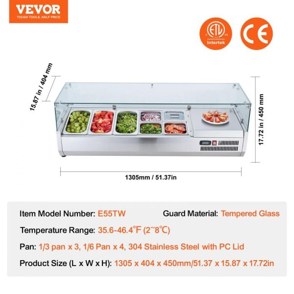 Refrigeration & Ice Equipment | Refrigerated Condiment Prep Station, 140 W Countertop Refrigerated Condiment Station, with 3 1/3 Pans & 4 1/6 Pans, 304 Stainless Body and PC Lid, Sandwich Prep Table with Glass Guard, ETL Refrigeration & Ice Equipment