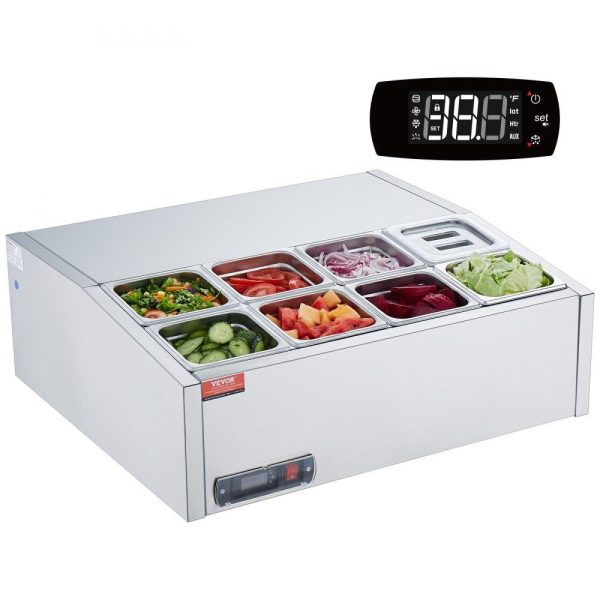 Refrigeration & Ice Equipment | Refrigerated Condiment Prep Station, 140 W Countertop Refrigerated Condiment Station, with 8 1/6 Pans, 304 Stainless Body and PC Lid, Sandwich Prep Table with Stainless Steel Guard, ETL Refrigeration & Ice Equipment Refrigeration & Ice Equipment