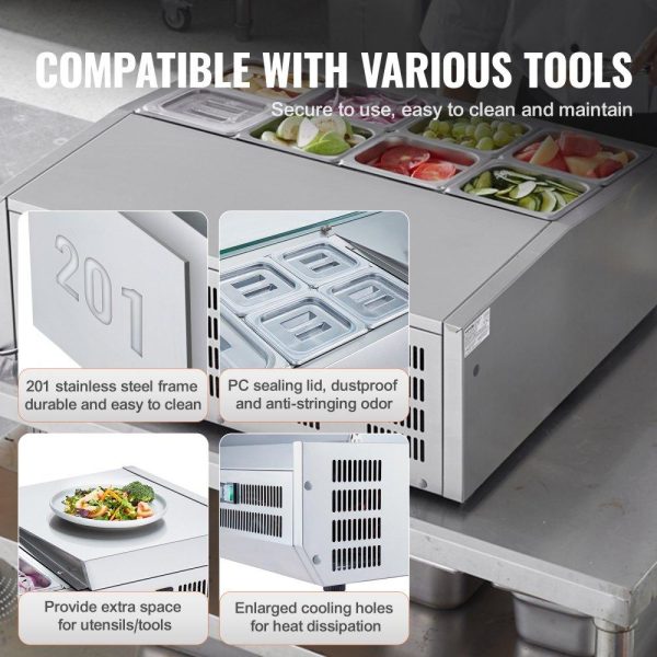 Refrigeration & Ice Equipment | Refrigerated Condiment Prep Station, 140 W Countertop Refrigerated Condiment Station, with 8 1/6 Pans, 304 Stainless Body and PC Lid, Sandwich Prep Table with Stainless Steel Guard, ETL Refrigeration & Ice Equipment Refrigeration & Ice Equipment