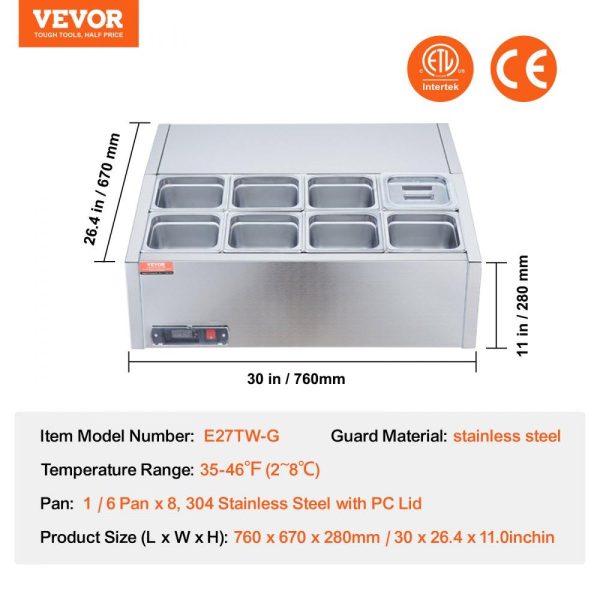 Refrigeration & Ice Equipment | Refrigerated Condiment Prep Station, 140 W Countertop Refrigerated Condiment Station, with 8 1/6 Pans, 304 Stainless Body and PC Lid, Sandwich Prep Table with Stainless Steel Guard, ETL Refrigeration & Ice Equipment Refrigeration & Ice Equipment