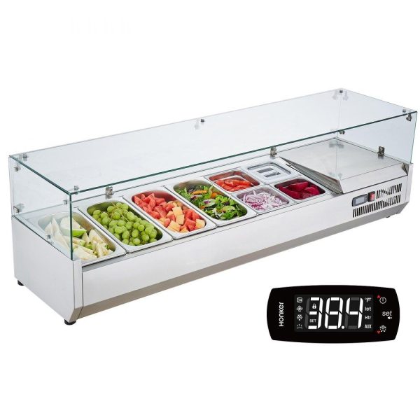 Refrigeration & Ice Equipment | Refrigerated Condiment Prep Station, 150 W Countertop Refrigerated Condiment Station, with 4 1/3 Pans & 4 1/6 Pans, 304 Stainless Body and PC Lid, Sandwich Prep Table with Glass Guard, ETL Refrigeration & Ice Equipment Refrigeration & Ice Equipment