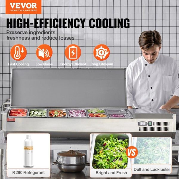 Refrigeration & Ice Equipment | Refrigerated Condiment Prep Station, 150 W Countertop Refrigerated Condiment Station, with 4 1/3 Pans & 4 1/6 Pans, 304 Stainless Body and PC Lid, Sandwich Prep Table with Stainless Guard, ETL Refrigeration & Ice Equipment Refrigeration & Ice Equipment