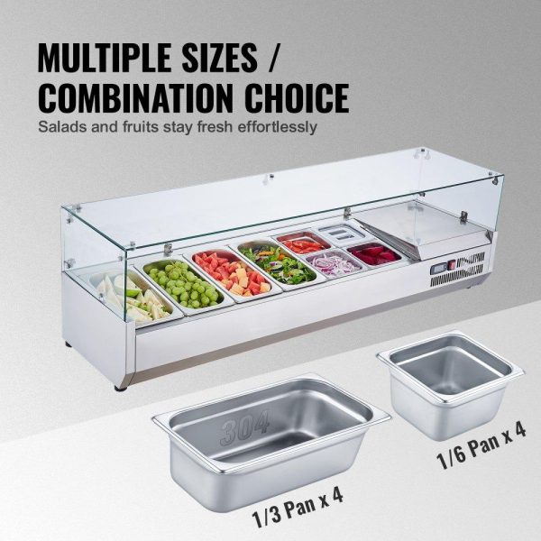 Refrigeration & Ice Equipment | Refrigerated Condiment Prep Station, 150 W Countertop Refrigerated Condiment Station, with 4 1/3 Pans & 4 1/6 Pans, 304 Stainless Body and PC Lid, Sandwich Prep Table with Glass Guard, ETL Refrigeration & Ice Equipment Refrigeration & Ice Equipment