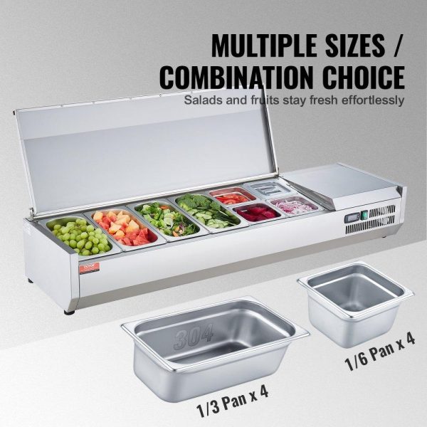 Refrigeration & Ice Equipment | Refrigerated Condiment Prep Station, 150 W Countertop Refrigerated Condiment Station, with 4 1/3 Pans & 4 1/6 Pans, 304 Stainless Body and PC Lid, Sandwich Prep Table with Stainless Guard, ETL Refrigeration & Ice Equipment Refrigeration & Ice Equipment