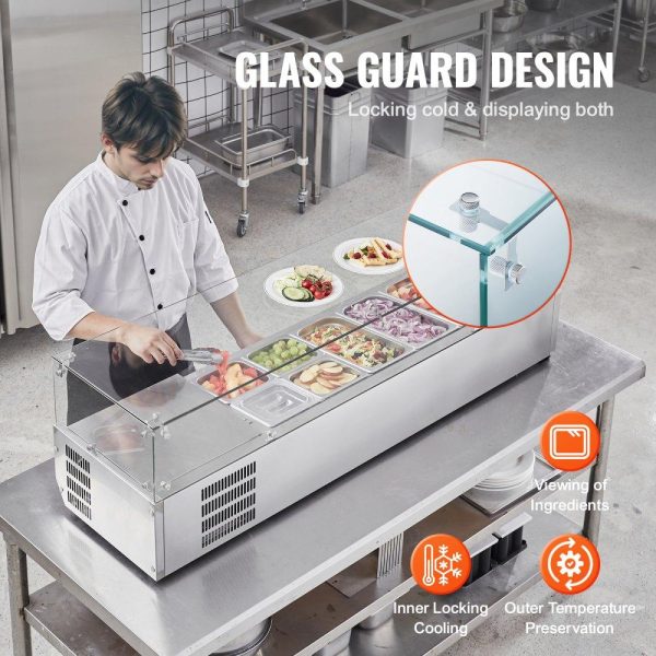 Refrigeration & Ice Equipment | Refrigerated Condiment Prep Station, 150 W Countertop Refrigerated Condiment Station, with 4 1/3 Pans & 4 1/6 Pans, 304 Stainless Body and PC Lid, Sandwich Prep Table with Glass Guard, ETL Refrigeration & Ice Equipment Refrigeration & Ice Equipment