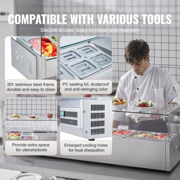 Refrigeration & Ice Equipment | Refrigerated Condiment Prep Station, 150 W Countertop Refrigerated Condiment Station, with 4 1/3 Pans & 4 1/6 Pans, 304 Stainless Body and PC Lid, Sandwich Prep Table with Glass Guard, ETL Refrigeration & Ice Equipment Refrigeration & Ice Equipment