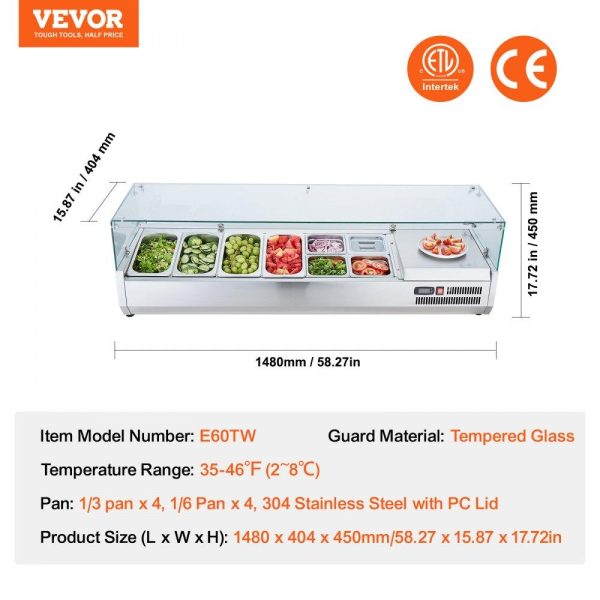 Refrigeration & Ice Equipment | Refrigerated Condiment Prep Station, 150 W Countertop Refrigerated Condiment Station, with 4 1/3 Pans & 4 1/6 Pans, 304 Stainless Body and PC Lid, Sandwich Prep Table with Glass Guard, ETL Refrigeration & Ice Equipment Refrigeration & Ice Equipment