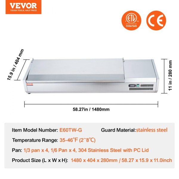 Refrigeration & Ice Equipment | Refrigerated Condiment Prep Station, 150 W Countertop Refrigerated Condiment Station, with 4 1/3 Pans & 4 1/6 Pans, 304 Stainless Body and PC Lid, Sandwich Prep Table with Stainless Guard, ETL Refrigeration & Ice Equipment Refrigeration & Ice Equipment