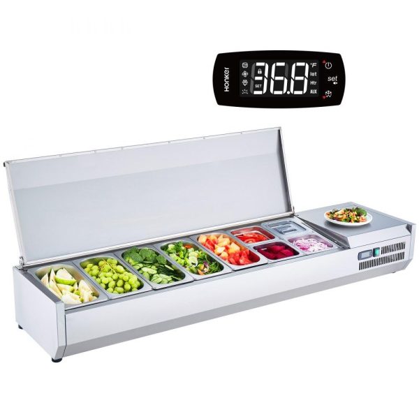 Refrigeration & Ice Equipment | Refrigerated Condiment Prep Station, 160 W Countertop Refrigerated Condiment Station, with 5 1/3 Pans & 4 1/6 Pans, 304 Stainless Body and PC Lid, Sandwich Prep Table with Stainless Guard, ETL Refrigeration & Ice Equipment Refrigeration & Ice Equipment