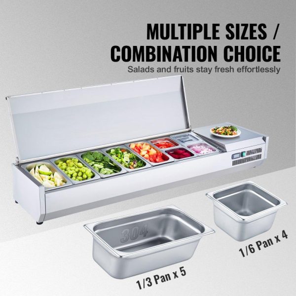 Refrigeration & Ice Equipment | Refrigerated Condiment Prep Station, 160 W Countertop Refrigerated Condiment Station, with 5 1/3 Pans & 4 1/6 Pans, 304 Stainless Body and PC Lid, Sandwich Prep Table with Stainless Guard, ETL Refrigeration & Ice Equipment Refrigeration & Ice Equipment