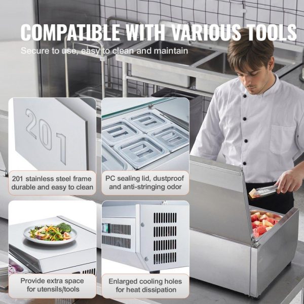 Refrigeration & Ice Equipment | Refrigerated Condiment Prep Station, 160 W Countertop Refrigerated Condiment Station, with 5 1/3 Pans & 4 1/6 Pans, 304 Stainless Body and PC Lid, Sandwich Prep Table with Stainless Guard, ETL Refrigeration & Ice Equipment Refrigeration & Ice Equipment