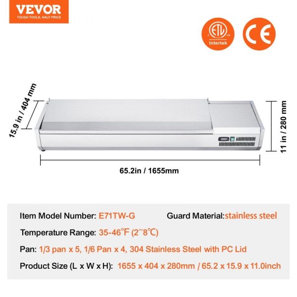 Refrigeration & Ice Equipment | Refrigerated Condiment Prep Station, 160 W Countertop Refrigerated Condiment Station, with 5 1/3 Pans & 4 1/6 Pans, 304 Stainless Body and PC Lid, Sandwich Prep Table with Stainless Guard, ETL Refrigeration & Ice Equipment Refrigeration & Ice Equipment