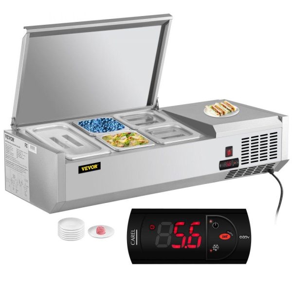 Refrigeration & Ice Equipment | Refrigerated Condiment Prep Station, 40-Inch, 7.8 Qt Sandwich/Salad Prep Table with 1 1/3 Pan & 4 1/6 Pans, 150W Salad Bar with 304 Stainless Body and Cover Temp Adjuster One-Click Defrosting Refrigeration & Ice Equipment Refrigeration & Ice Equipment