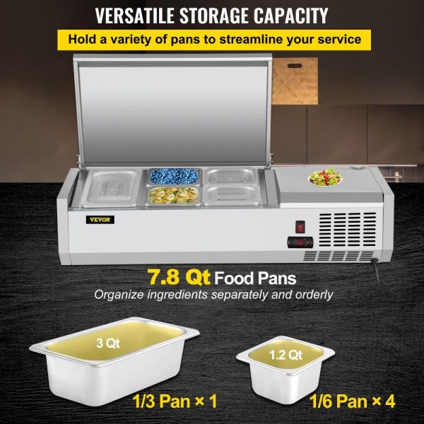 Refrigeration & Ice Equipment | Refrigerated Condiment Prep Station, 40-Inch, 7.8 Qt Sandwich/Salad Prep Table with 1 1/3 Pan & 4 1/6 Pans, 150W Salad Bar with 304 Stainless Body and Cover Temp Adjuster One-Click Defrosting Refrigeration & Ice Equipment Refrigeration & Ice Equipment