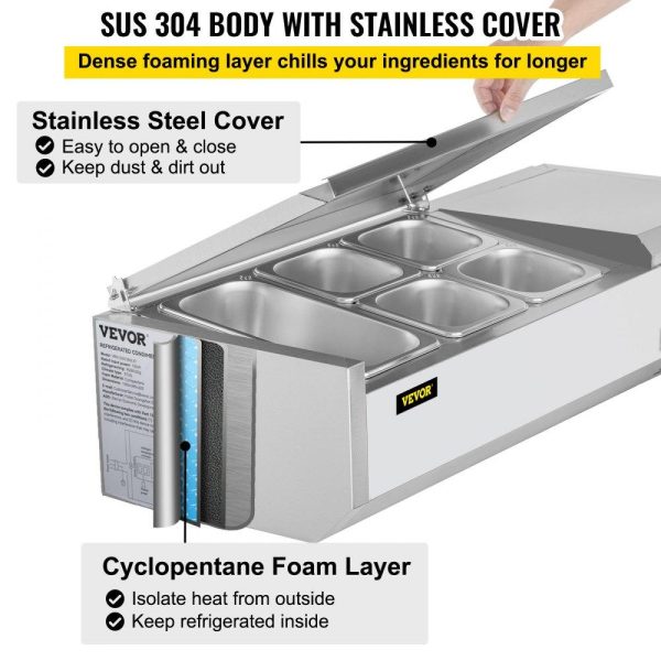 Refrigeration & Ice Equipment | Refrigerated Condiment Prep Station, 40-Inch, 7.8 Qt Sandwich/Salad Prep Table with 1 1/3 Pan & 4 1/6 Pans, 150W Salad Bar with 304 Stainless Body and Cover Temp Adjuster One-Click Defrosting Refrigeration & Ice Equipment Refrigeration & Ice Equipment