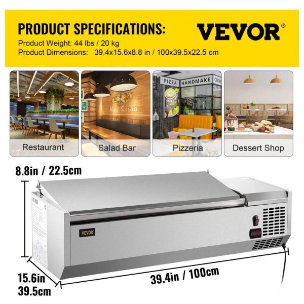 Refrigeration & Ice Equipment | Refrigerated Condiment Prep Station, 40-Inch, 7.8 Qt Sandwich/Salad Prep Table with 1 1/3 Pan & 4 1/6 Pans, 150W Salad Bar with 304 Stainless Body and Cover Temp Adjuster One-Click Defrosting Refrigeration & Ice Equipment Refrigeration & Ice Equipment