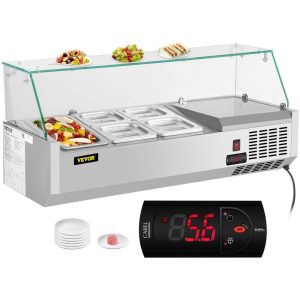 Refrigeration & Ice Equipment | Refrigerated Condiment Prep Station, 40-Inch, 7.8Qt Sandwich Prep Table w/ 1 1/3 Pan & 4 1/6 Pans, 150W Salad Bar w/ 304 Stainless Body Tempered Glass Shield Digital Temp Display Auto Defrost Refrigeration & Ice Equipment Refrigeration & Ice Equipment