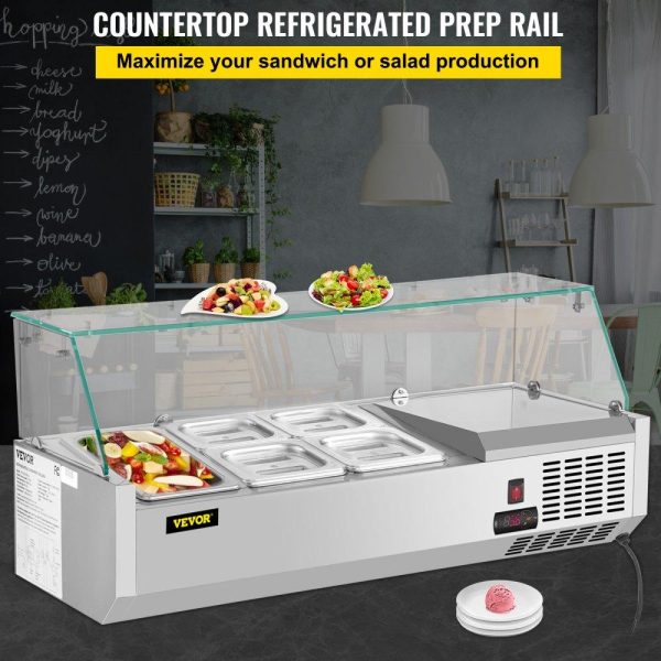 Refrigeration & Ice Equipment | Refrigerated Condiment Prep Station, 40-Inch, 7.8Qt Sandwich Prep Table w/ 1 1/3 Pan & 4 1/6 Pans, 150W Salad Bar w/ 304 Stainless Body Tempered Glass Shield Digital Temp Display Auto Defrost Refrigeration & Ice Equipment Refrigeration & Ice Equipment