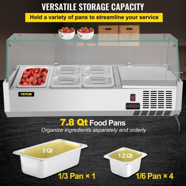 Refrigeration & Ice Equipment | Refrigerated Condiment Prep Station, 40-Inch, 7.8Qt Sandwich Prep Table w/ 1 1/3 Pan & 4 1/6 Pans, 150W Salad Bar w/ 304 Stainless Body Tempered Glass Shield Digital Temp Display Auto Defrost Refrigeration & Ice Equipment Refrigeration & Ice Equipment