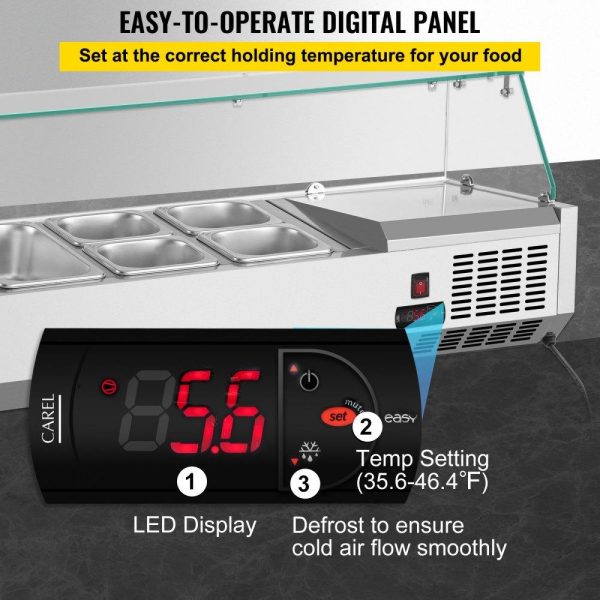 Refrigeration & Ice Equipment | Refrigerated Condiment Prep Station, 40-Inch, 7.8Qt Sandwich Prep Table w/ 1 1/3 Pan & 4 1/6 Pans, 150W Salad Bar w/ 304 Stainless Body Tempered Glass Shield Digital Temp Display Auto Defrost Refrigeration & Ice Equipment Refrigeration & Ice Equipment