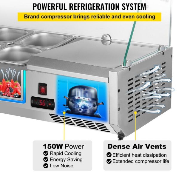 Refrigeration & Ice Equipment | Refrigerated Condiment Prep Station, 40-Inch, 7.8Qt Sandwich Prep Table w/ 1 1/3 Pan & 4 1/6 Pans, 150W Salad Bar w/ 304 Stainless Body Tempered Glass Shield Digital Temp Display Auto Defrost Refrigeration & Ice Equipment Refrigeration & Ice Equipment