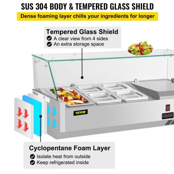 Refrigeration & Ice Equipment | Refrigerated Condiment Prep Station, 40-Inch, 7.8Qt Sandwich Prep Table w/ 1 1/3 Pan & 4 1/6 Pans, 150W Salad Bar w/ 304 Stainless Body Tempered Glass Shield Digital Temp Display Auto Defrost Refrigeration & Ice Equipment Refrigeration & Ice Equipment