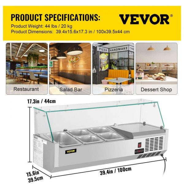 Refrigeration & Ice Equipment | Refrigerated Condiment Prep Station, 40-Inch, 7.8Qt Sandwich Prep Table w/ 1 1/3 Pan & 4 1/6 Pans, 150W Salad Bar w/ 304 Stainless Body Tempered Glass Shield Digital Temp Display Auto Defrost Refrigeration & Ice Equipment Refrigeration & Ice Equipment