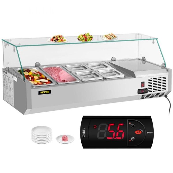 Refrigeration & Ice Equipment | Refrigerated Condiment Prep Station, 48-Inch, 10.8Qt Sandwich Prep Table w/ 2 1/3 Pans & 4 1/6 Pans, 146W Salad Bar w/ 304 Stainless Body Tempered Glass Shield Digital Temp Display Auto Defrost Refrigeration & Ice Equipment Refrigeration & Ice Equipment