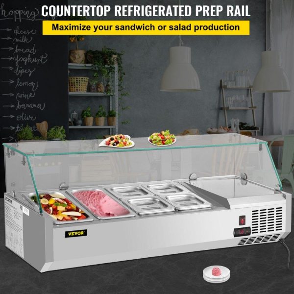 Refrigeration & Ice Equipment | Refrigerated Condiment Prep Station, 48-Inch, 10.8Qt Sandwich Prep Table w/ 2 1/3 Pans & 4 1/6 Pans, 146W Salad Bar w/ 304 Stainless Body Tempered Glass Shield Digital Temp Display Auto Defrost Refrigeration & Ice Equipment Refrigeration & Ice Equipment