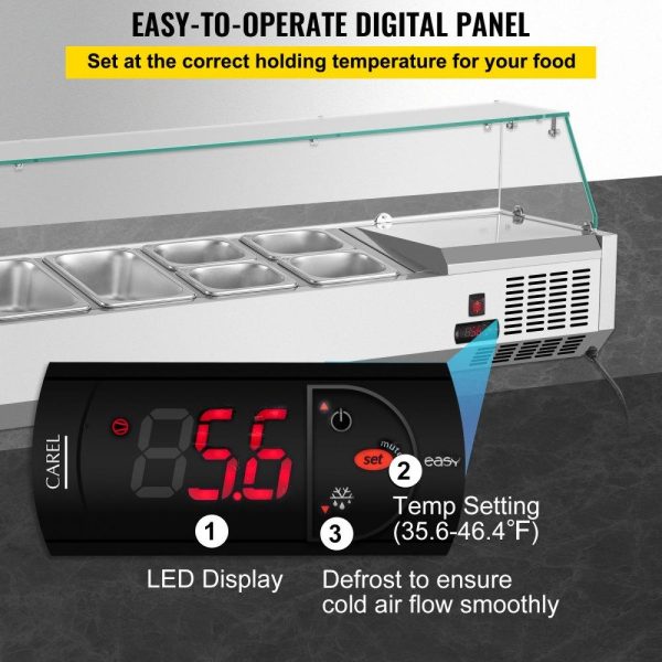 Refrigeration & Ice Equipment | Refrigerated Condiment Prep Station, 48-Inch, 10.8Qt Sandwich Prep Table w/ 2 1/3 Pans & 4 1/6 Pans, 146W Salad Bar w/ 304 Stainless Body Tempered Glass Shield Digital Temp Display Auto Defrost Refrigeration & Ice Equipment Refrigeration & Ice Equipment