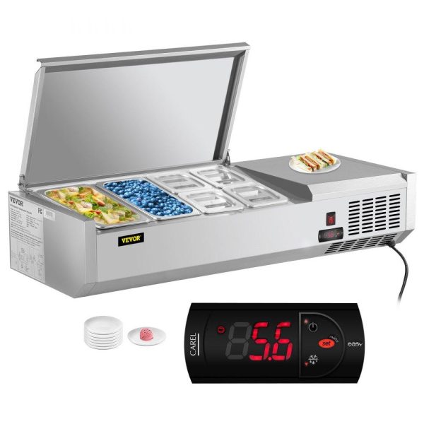 Refrigeration & Ice Equipment | Refrigerated Condiment Prep Station, 48-Inch, 10.8Qt Sandwich/Salad Prep Table with 2 1/3 Pans & 4 1/6 Pans, 150W Salad Bar with 304 Stainless Body and Cover Temp Adjuster One-Click Defrosting Refrigeration & Ice Equipment Refrigeration & Ice Equipment