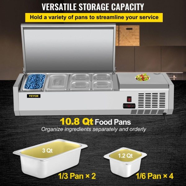 Refrigeration & Ice Equipment | Refrigerated Condiment Prep Station, 48-Inch, 10.8Qt Sandwich/Salad Prep Table with 2 1/3 Pans & 4 1/6 Pans, 150W Salad Bar with 304 Stainless Body and Cover Temp Adjuster One-Click Defrosting Refrigeration & Ice Equipment Refrigeration & Ice Equipment