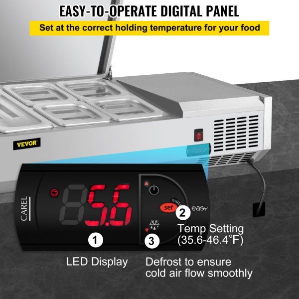 Refrigeration & Ice Equipment | Refrigerated Condiment Prep Station, 48-Inch, 10.8Qt Sandwich/Salad Prep Table with 2 1/3 Pans & 4 1/6 Pans, 150W Salad Bar with 304 Stainless Body and Cover Temp Adjuster One-Click Defrosting Refrigeration & Ice Equipment Refrigeration & Ice Equipment