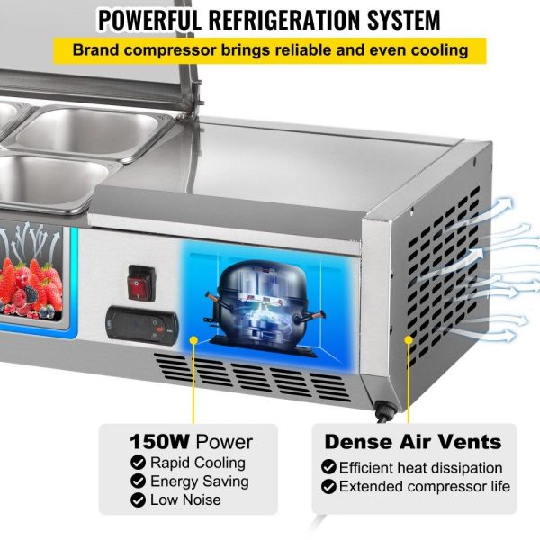 Refrigeration & Ice Equipment | Refrigerated Condiment Prep Station, 48-Inch, 10.8Qt Sandwich/Salad Prep Table with 2 1/3 Pans & 4 1/6 Pans, 150W Salad Bar with 304 Stainless Body and Cover Temp Adjuster One-Click Defrosting Refrigeration & Ice Equipment Refrigeration & Ice Equipment