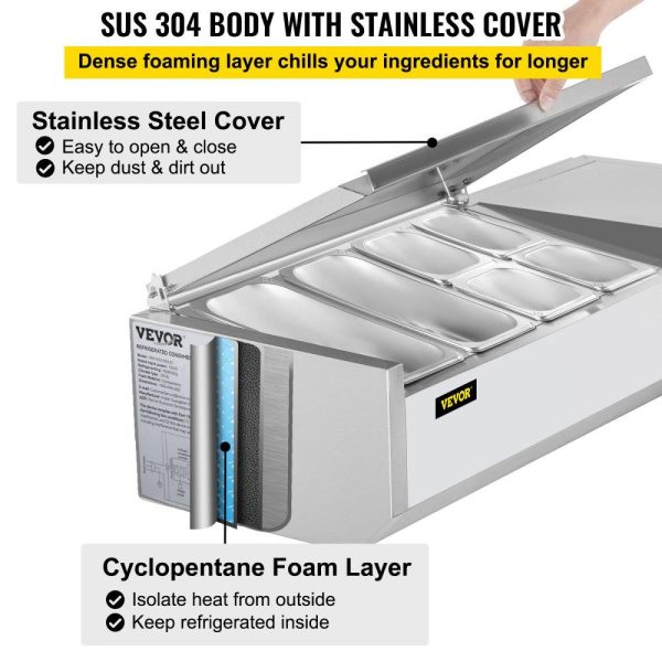 Refrigeration & Ice Equipment | Refrigerated Condiment Prep Station, 48-Inch, 10.8Qt Sandwich/Salad Prep Table with 2 1/3 Pans & 4 1/6 Pans, 150W Salad Bar with 304 Stainless Body and Cover Temp Adjuster One-Click Defrosting Refrigeration & Ice Equipment Refrigeration & Ice Equipment