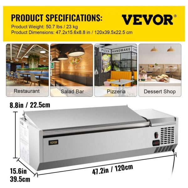 Refrigeration & Ice Equipment | Refrigerated Condiment Prep Station, 48-Inch, 10.8Qt Sandwich/Salad Prep Table with 2 1/3 Pans & 4 1/6 Pans, 150W Salad Bar with 304 Stainless Body and Cover Temp Adjuster One-Click Defrosting Refrigeration & Ice Equipment Refrigeration & Ice Equipment