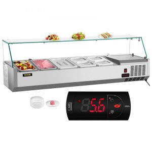 Refrigeration & Ice Equipment | Refrigerated Condiment Prep Station, 55-Inch, 13.8Qt Sandwich Prep Table w/ 3 1/3 Pans & 4 1/6 Pans, 150W Salad Bar w/ 304 Stainless Body Tempered Glass Shield Digital Temp Display Auto Defrost Refrigeration & Ice Equipment Refrigeration & Ice Equipment