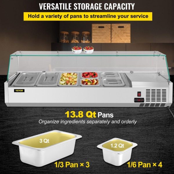 Refrigeration & Ice Equipment | Refrigerated Condiment Prep Station, 55-Inch, 13.8Qt Sandwich Prep Table w/ 3 1/3 Pans & 4 1/6 Pans, 150W Salad Bar w/ 304 Stainless Body Tempered Glass Shield Digital Temp Display Auto Defrost Refrigeration & Ice Equipment Refrigeration & Ice Equipment