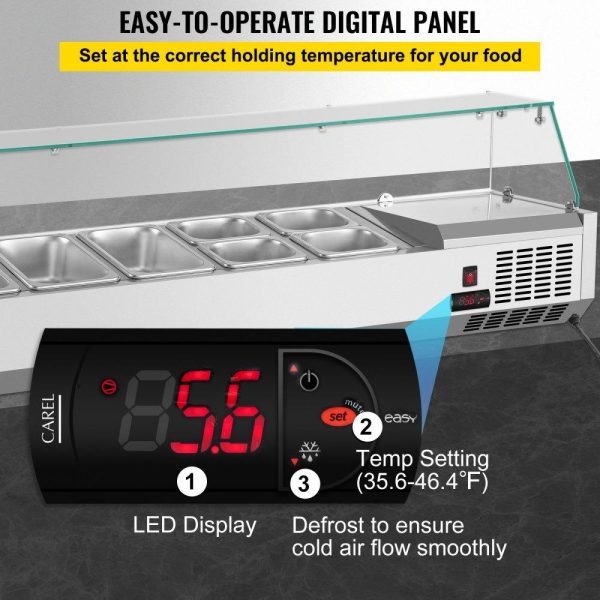 Refrigeration & Ice Equipment | Refrigerated Condiment Prep Station, 55-Inch, 13.8Qt Sandwich Prep Table w/ 3 1/3 Pans & 4 1/6 Pans, 150W Salad Bar w/ 304 Stainless Body Tempered Glass Shield Digital Temp Display Auto Defrost Refrigeration & Ice Equipment Refrigeration & Ice Equipment