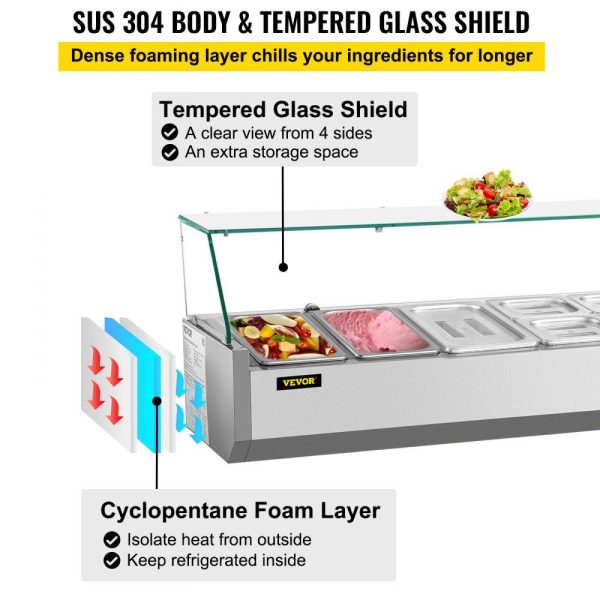 Refrigeration & Ice Equipment | Refrigerated Condiment Prep Station, 55-Inch, 13.8Qt Sandwich Prep Table w/ 3 1/3 Pans & 4 1/6 Pans, 150W Salad Bar w/ 304 Stainless Body Tempered Glass Shield Digital Temp Display Auto Defrost Refrigeration & Ice Equipment Refrigeration & Ice Equipment