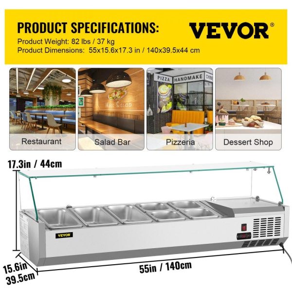 Refrigeration & Ice Equipment | Refrigerated Condiment Prep Station, 55-Inch, 13.8Qt Sandwich Prep Table w/ 3 1/3 Pans & 4 1/6 Pans, 150W Salad Bar w/ 304 Stainless Body Tempered Glass Shield Digital Temp Display Auto Defrost Refrigeration & Ice Equipment Refrigeration & Ice Equipment