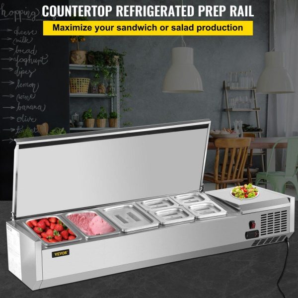 Refrigeration & Ice Equipment | Refrigerated Condiment Prep Station, 55-Inch, 13.8Qt Sandwich/Salad Prep Table with 3 1/3 Pans & 4 1/6 Pans, 150W Salad Bar with 304 Stainless Body and Cover Temp Adjuster One-Click Defrosting Refrigeration & Ice Equipment Refrigeration & Ice Equipment