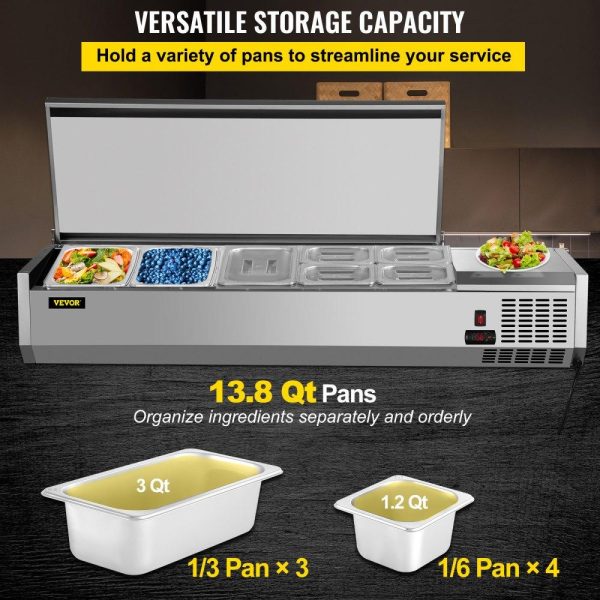 Refrigeration & Ice Equipment | Refrigerated Condiment Prep Station, 55-Inch, 13.8Qt Sandwich/Salad Prep Table with 3 1/3 Pans & 4 1/6 Pans, 150W Salad Bar with 304 Stainless Body and Cover Temp Adjuster One-Click Defrosting Refrigeration & Ice Equipment Refrigeration & Ice Equipment