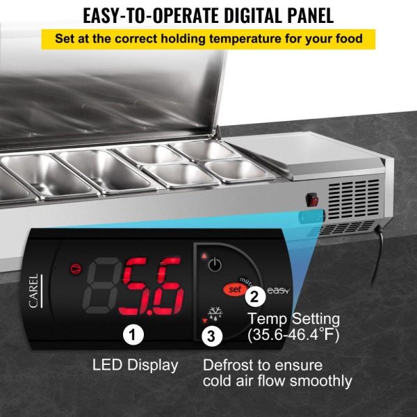 Refrigeration & Ice Equipment | Refrigerated Condiment Prep Station, 55-Inch, 13.8Qt Sandwich/Salad Prep Table with 3 1/3 Pans & 4 1/6 Pans, 150W Salad Bar with 304 Stainless Body and Cover Temp Adjuster One-Click Defrosting Refrigeration & Ice Equipment Refrigeration & Ice Equipment